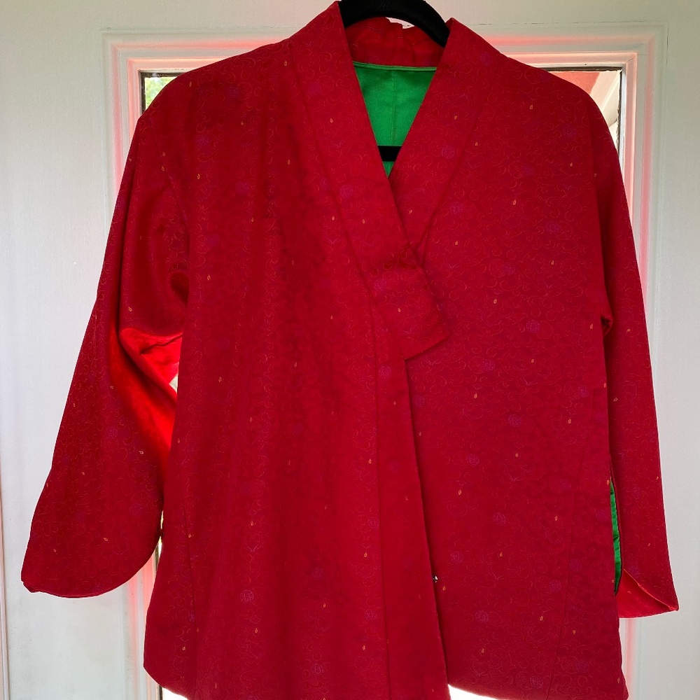 Traditional Red Silk Vietnamese Jacket with Bright Green Lining